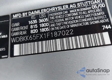 2001 Mercedes-Benz Slk 320 from USA, damaged, VIN WDBKK65FX1F187022